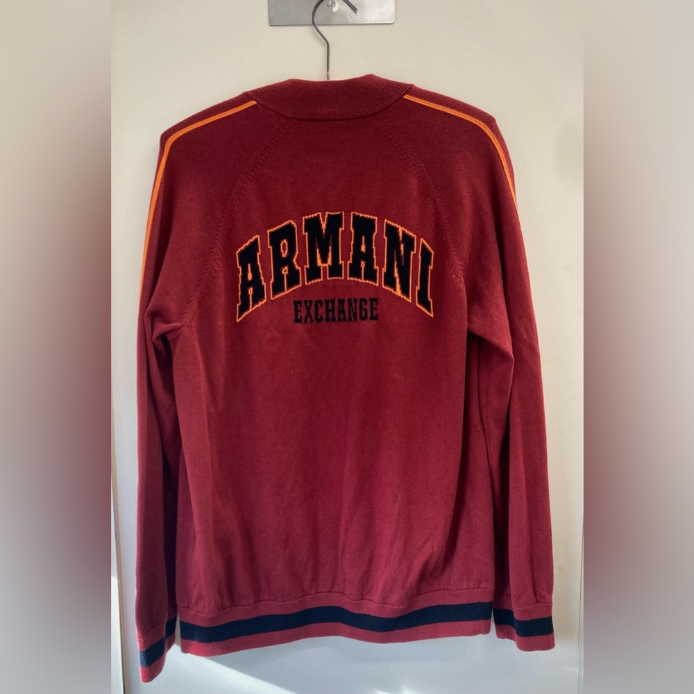 Authentic Armani Exchange Men's Burgundy Cardigan with Orange Accents